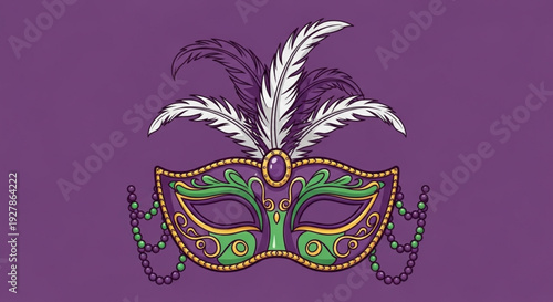 Vibrant mardi gras mask with feathers and beads on purple background for festive celebrations
