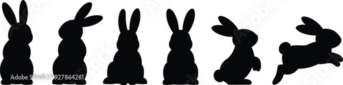 Cute rabbit silhouette collection with bunny poses, black hare shapes isolated on white background, woodland animal shadow illustration set