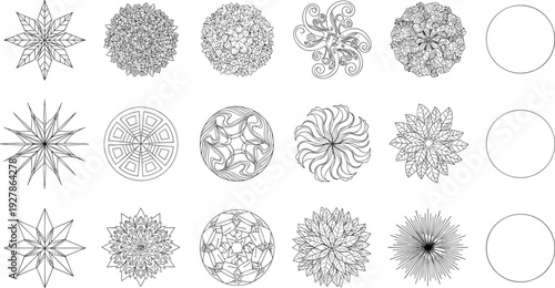 Ornamental mandala and geometric star pattern collection, intricate circular line art designs set for coloring book pages, decorative backgrounds and creative projects