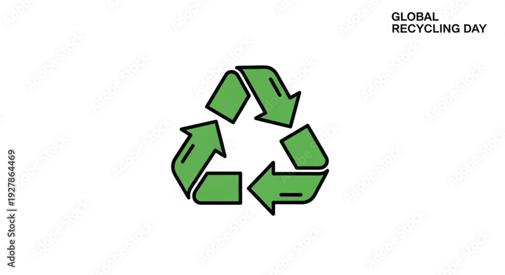Obraz premium Green recycling symbol with arrows on white background for global recycling day awareness campaigns and eco friendly initiatives