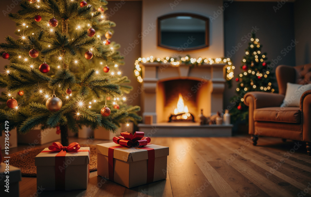 Fototapeta premium Christmas Living Room Interior – Glowing Tree with Fireplace and Gifts for Holiday Decor, Festive Backgrounds, and Seasonal Marketing