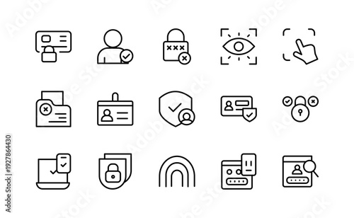 User Authentication, login, password, identity verification, biometrics, fingerprint, two-factor authentication, and access control vector line icons