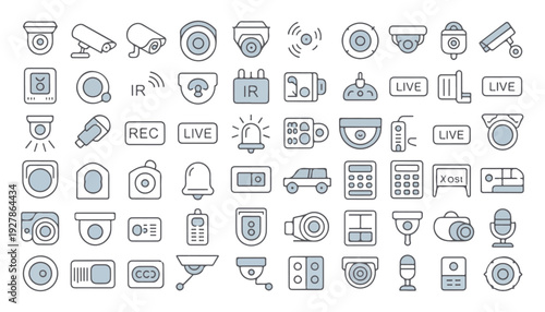 Large collection of security system and surveillance camera icons in outline style with blue accents