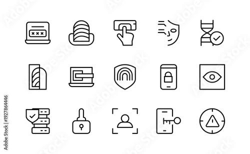 User Authentication, login, password, identity verification, biometrics, fingerprint, two-factor authentication, and access control vector line icons