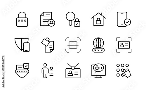 User Authentication, login, password, identity verification, biometrics, fingerprint, two-factor authentication, and access control vector line icons