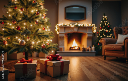 Christmas Living Room Interior – Glowing Tree with Fireplace and Gifts for Holiday Decor, Festive Backgrounds, and Seasonal Marketing