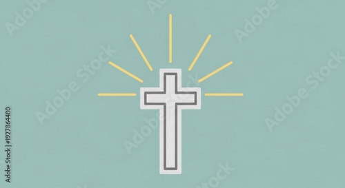 Simple white cross symbol with radiant yellow lines on a soothing green background representing faith and spirituality