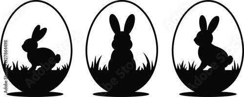 Easter bunny silhouette inside decorative egg frames, black rabbit shapes with grass isolated on white background, holiday illustration collection set