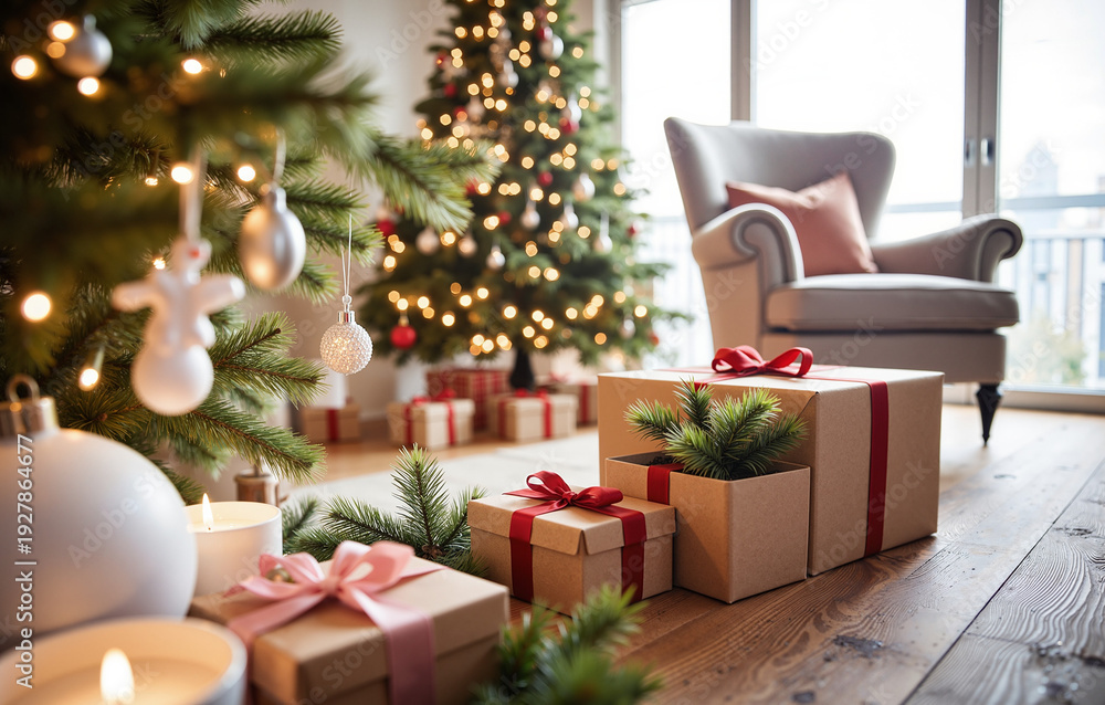 Fototapeta premium Christmas Living Room Interior – Glowing Tree with Fireplace and Gifts for Holiday Decor, Festive Backgrounds, and Seasonal Marketing
