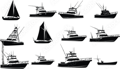 Set of nautical boat and yacht silhouettes black vector illustrations, fishing vessels and sailing ships for maritime design and ocean travel,