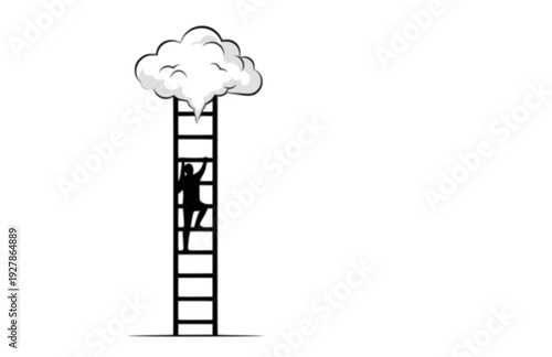 Aspiration and Dream Achievement Silhouette, Person Climbing Ladder into Cloud for Success and Goal Vector