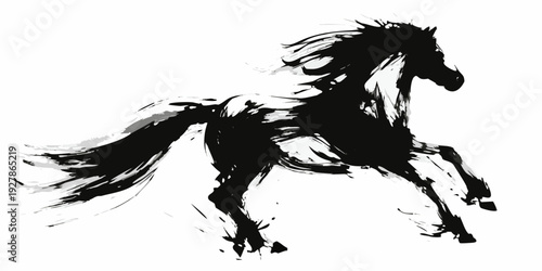 Dynamic black ink wash painting of a galloping horse in motion