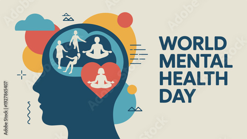 Mental Health Awareness Silhouette with Meditation and Yoga during World Mental Health Day