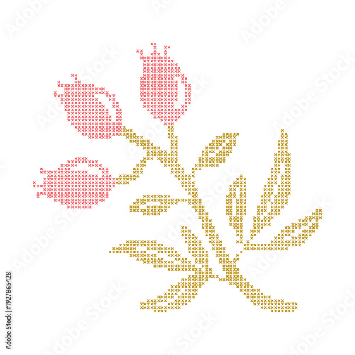 Cross stitch embroidery rosehip branch in soft spring colors. Pixel lace rose plant decor. Vintage cottagecore needlecraft floral element. Vector illustration