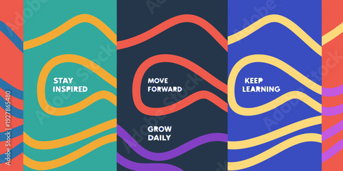 Colorful abstract banners with inspirational quotes and wavy designs