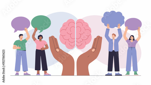 Diverse People Holding Speech Bubbles Around Brain Illustration Symbolizing Communication and Teamwork