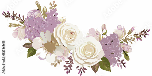 Elegant floral arrangement featuring white roses lavender and lilac blooms