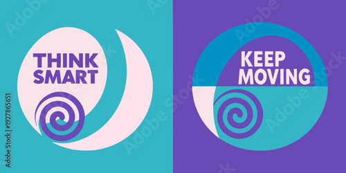 Motivational graphic with text and swirling shapes on a split background