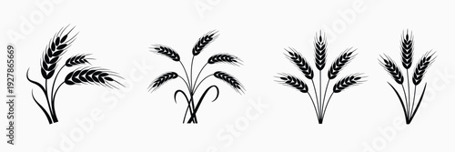 Wheat icon set, featuring black wheat ear silhouettes, ideal for agriculture logos, organic product labels, and rural-themed vector designs.