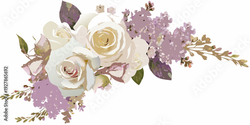 A delicate floral arrangement featuring roses and lilac blooms