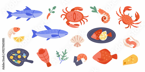 Colorful illustration of various seafood including fish crab and shrimp