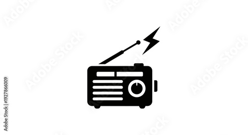 Simple black icon of a portable radio with antenna and lightning bolt.