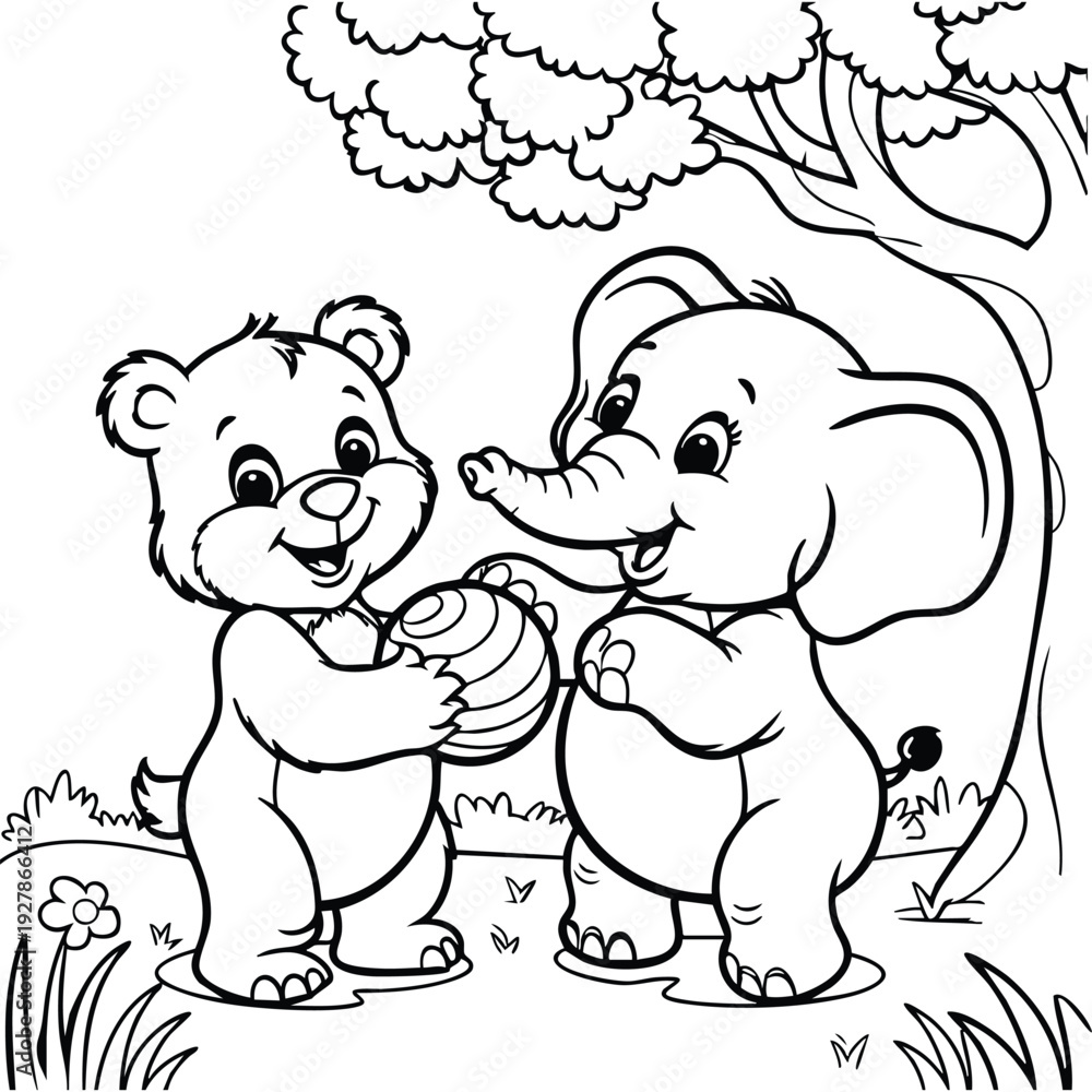 Naklejka premium Friendly Bear and Elephant Playing Together in the Forest