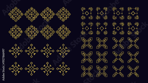 Golden ornamental designs and geometric patterns on a dark background
