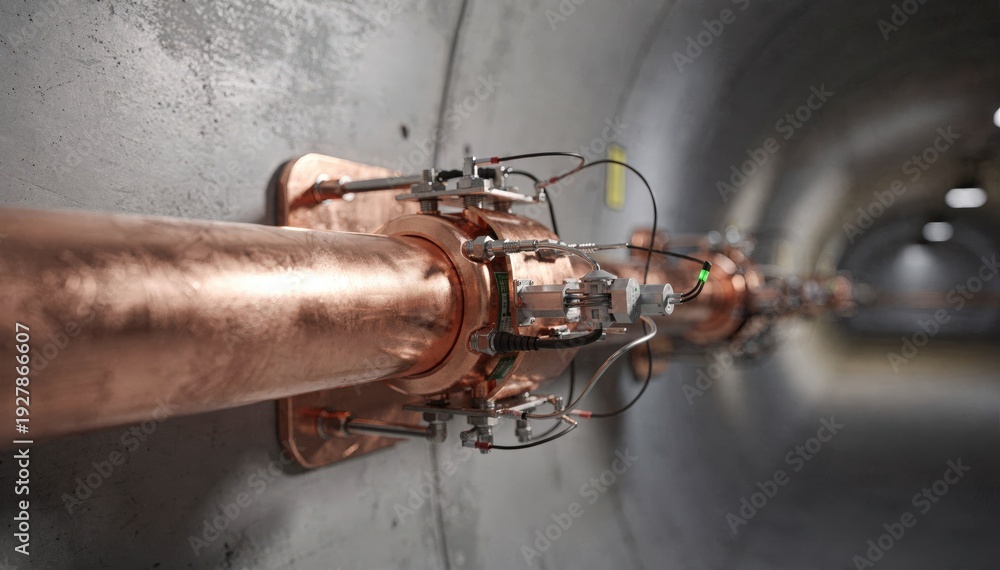 Fototapeta premium Medium shot of copper cable sheath in a tunnel environment sensor components in focus contrasting with smoothly diffused tunnel walls and lighting.