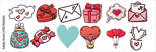 A comprehensive set of Valentine's Day icons and symbols combined with time and calendar elements.