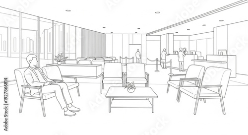 Sketch of Modern Office Interior Space.