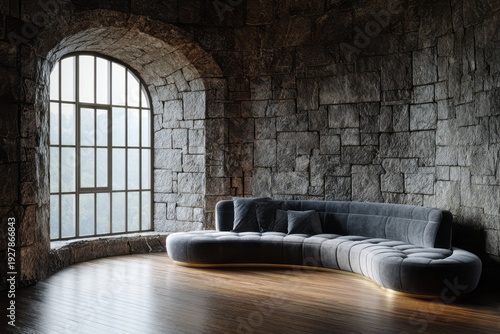 Curved sofa with pillows sits in a room with stone walls and large window.