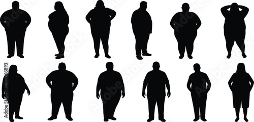Obese and overweight people silhouettes collection isolated on white background, plus size men and women body shape vector set for health concept