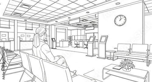 Sketch of Modern Office Interior Space.