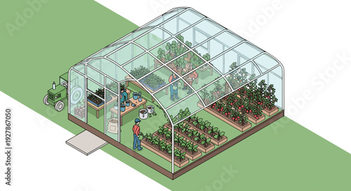 Greenhouse with Plants and Gardener Inside.