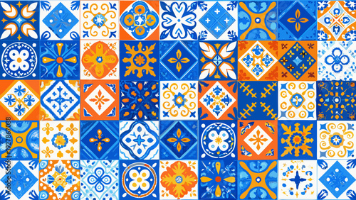 Intricate blue and orange tile pattern creating a seamless mosaic backdrop