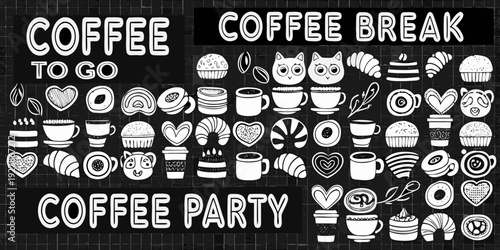 Hand drawn coffee break and party themed doodles in black and white