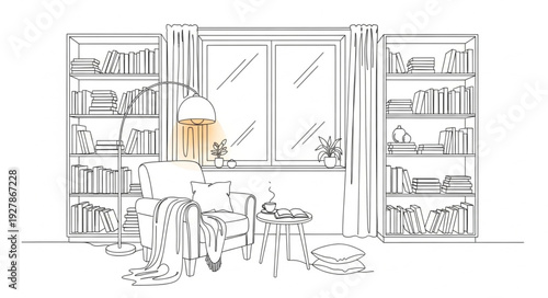 Sketch of Office Workspace with Bookshelves.