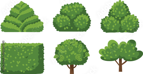 Vector collection of green garden bushes, manicured hedge plants, topiary shrubs, and decorative cartoon trees isolated on white background for landscaping.