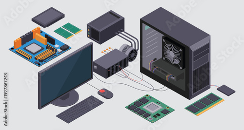 Isometric illustration of a disassembled desktop computer with components like motherboard, CPU, RAM, graphics card, monitor, keyboard, mouse, and power supply for tech assembly concepts.