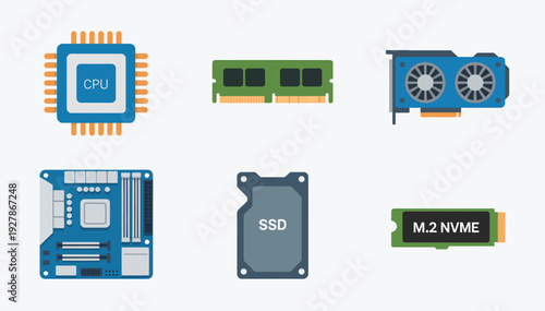 Flat design icons representing computer hardware components including CPU, RAM, graphics card, motherboard, SSD, and M.2 NVMe drive, perfect for technology and IT concepts.