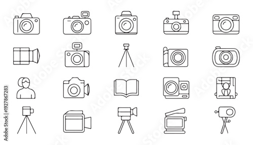 Photography and videography icon set featuring compact cameras action cams tripods and digital tools