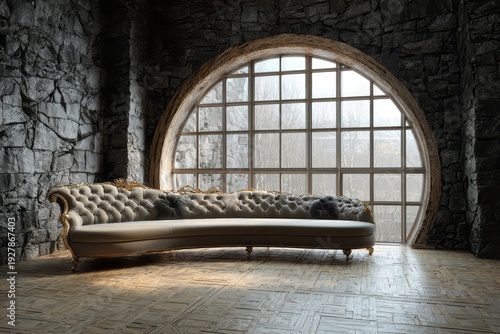 Elegant tufted sofa rests in a room with stone walls and a large round window.