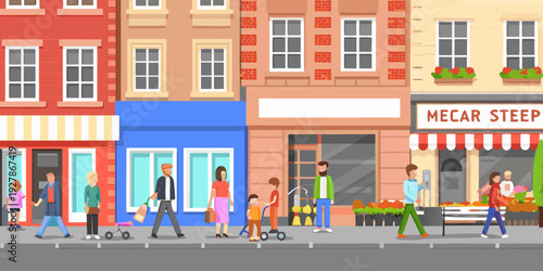 A bustling city street scene with people and colorful storefronts