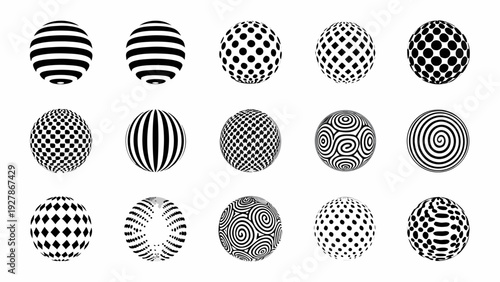 Collection of black and white spherical optical illusion patterns