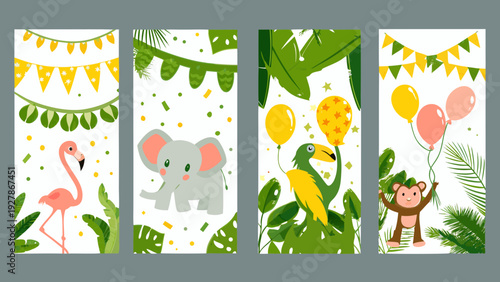 Tropical themed story cards featuring animals balloons and festive decorations