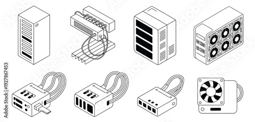 Collection of isometric line art icons representing computer hardware components, including server towers, cooling fans, and data storage devices, for technology and IT concepts.