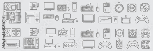 Diverse set of outline icons illustrating computer parts and accessories, such as monitors, keyboards, mice, CPUs, and gaming controllers, for digital and tech themes.