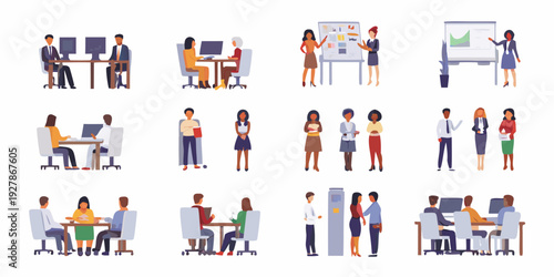 Diverse group of people collaborating in various office settings