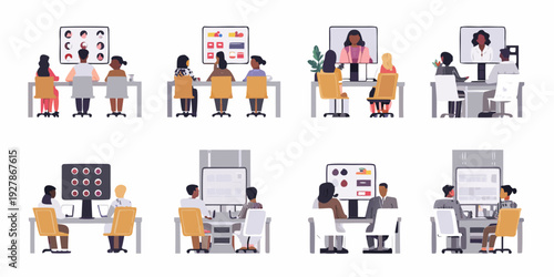 Diverse patients undergoing various eye exams with healthcare professionals